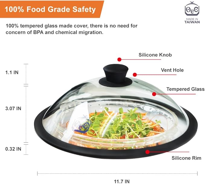 OEC Vented Splatter Guard Microwave Glass Cover for Food with Easy-Grip Handle, 11.7 inch Diameter, 100% Food Grade Tempered Glass & BPA Free Silicone Rim with Steam Vent, Dishwasher Safe