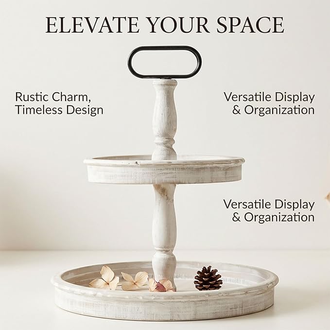Krismax Decorative Trays - Two Tiered Tray Stand Rustic Tiered Tray Decor 2 Tiered Tray Serving Tray Seasonal & Holiday Decoration Wooden Tray for Coffee Table Farmhouse Display Stand Tray