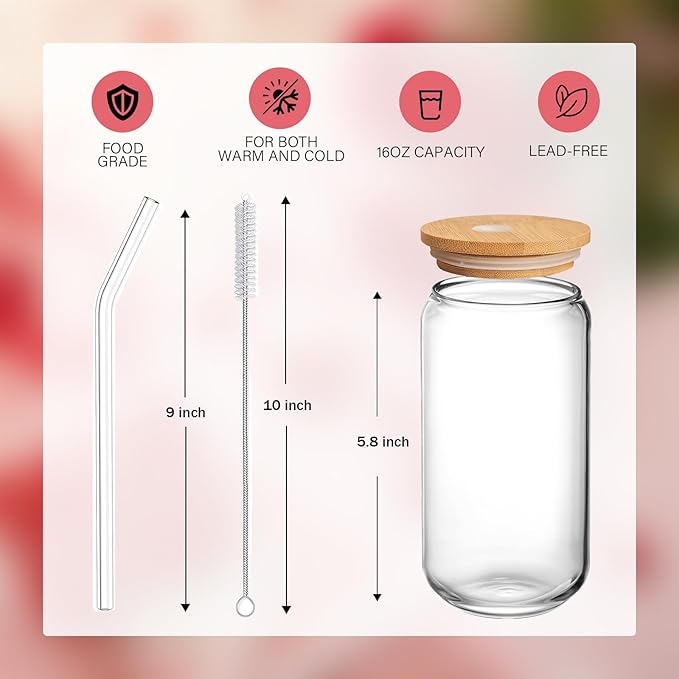 Valentines Cups Gifts for Her Women, 16Oz Hearts Cup Glass with Lid and Straw, Love Glass Cups for Couple Girlfriend, Cute Unique Gifts for Girlfriend Her Women Valentine’s Day