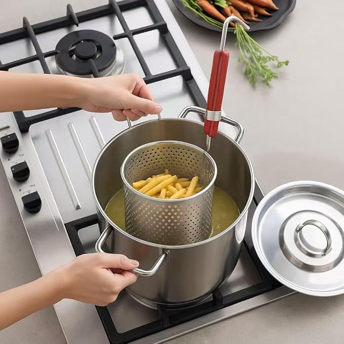 3PCs Mesh Pasta Basket Food Strainer Insert For Pot, Colander with Round Wooden Handle Stainless Steel Mesh Spider Strainer for Pasta Noodles Dumpling Vegetable