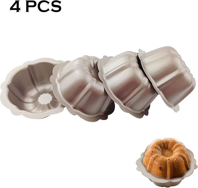 LoveDeal 4 Inch Nonstick Mini Fluted Cake Pan, Set of 4 for Baking, Carbon Steel Fluted Cake Pans, Metal Round Pumpkin Shaped Baking Mould for Cupcake, Muffin, Brownie, Pudding - Gold