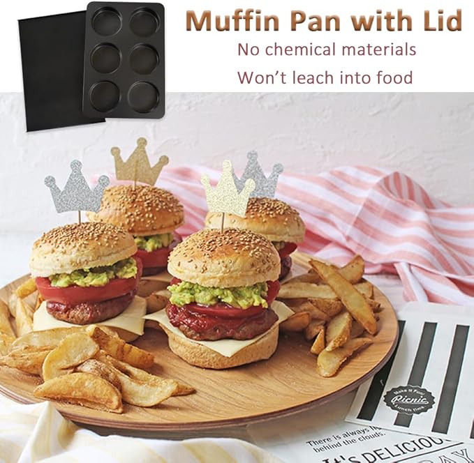 Elesinsoz 2 Pcs Muffin Top Pan with Lid, 3.6 Inch Non-Stick 6 Cup Straight Muffin Pan Cupcake Pan, Hamburger Bun Pan for Baking Egg Sandwich Frittata Cinnamon Roll