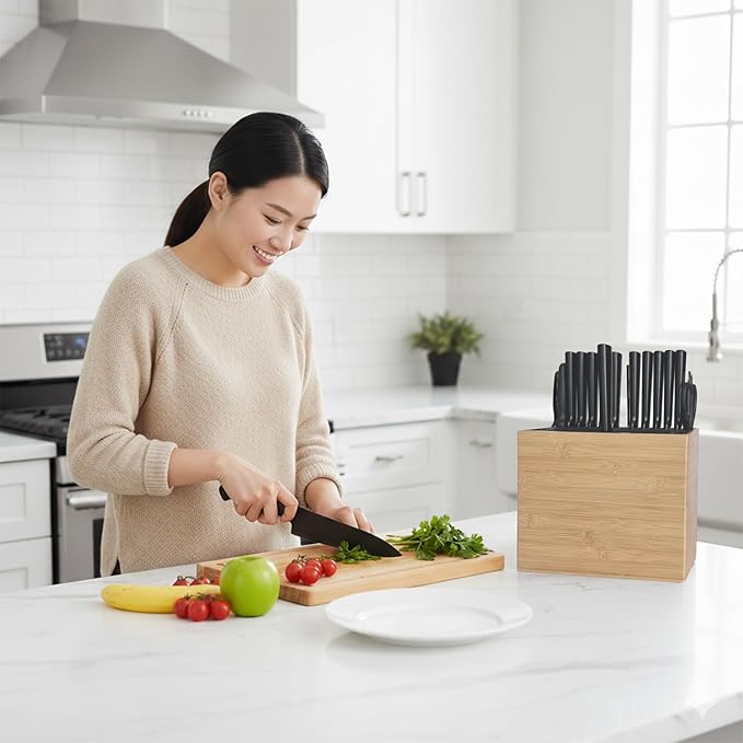 XXL Detachable Universal Knife Block for 28+ Knives, Natural Bamboo Wood Holder with Unique Easy-Clean Slots, Hygienic Countertop Storage, Dual Slots for Scissors & Sharpening Rod