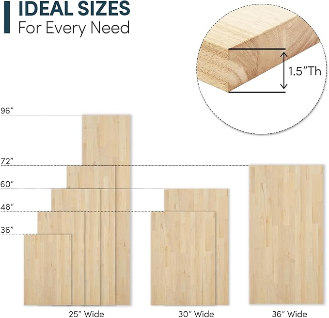 48''L x 30''W x 1.5''Th Hevea Light Brown Premium Solid Wood Butcher Block Countertop, Butcher Block Table Top for DIY Washer Dryer/Island/Kitchen Countertop (Finished)