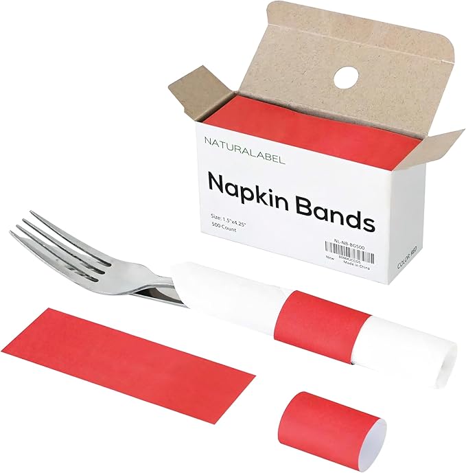 NATURALABEL 500 PCS Paper Napkin Rings with Box, Self-Adhesive Napkin Bands, for Family Meal, Birthday Party, Wedding, Celebration (Red)