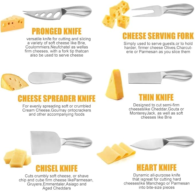 Premium Stainless Steel Cheese Tool Set - 6 Piece Cheese Knife Set - Cut, Spread All Your Favorite Cheeses