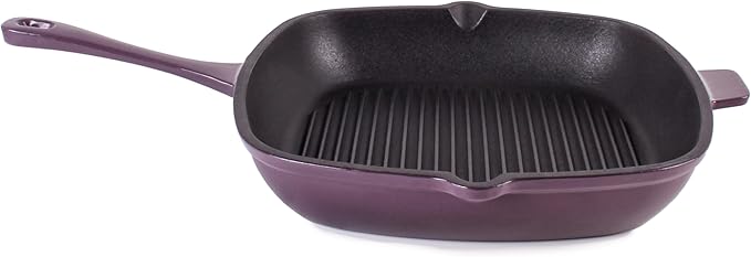 Berghoff Neo 2Pc Enameled Cast Iron Grill Set, Grill Pan 11 inches, Bacon/Steak Press 8 inches, Fast, Evenly Heat, Oven safe (Purple)