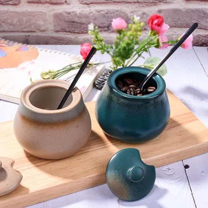 Green Ceramic Sugar Bowls with Spoon Porcelain Salt Container with Lid for Home and Kitchen
