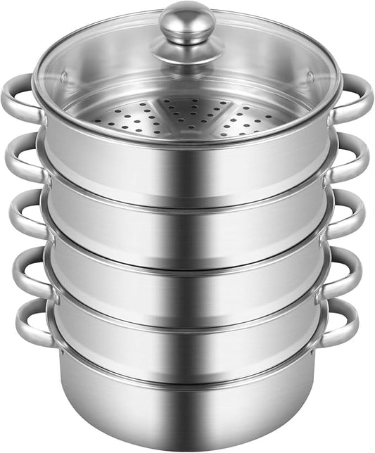 Large 5-Tier Stainless Steel Steamer Pot, Multi-Layer Stackable Food Steamer with Glass Lid, for Healthy Cooking, Steaming and Boiling, Multi-Functional Cookware (Type 3: Silver, 26cm)