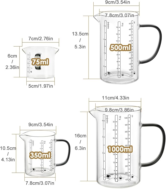 LIBWYS Glass Measuring Cup Set of 5, 1000ml (32oz), 500ml (16oz), 350ml (12oz), 2x75ml (2.5oz) with Anti-slip Silicone Pad, Heat-resistant Borosilicate Glass Liquid Measuring Cup
