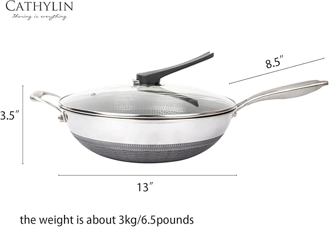 CATHYLIN 13'' 316L Stainless Steel Stir-fry Wok with Lid,Non Stick Skillet with Stay-cool Handle PFOA Free Suitable for Induction, Ceramic, Electric, and Gas Cooktops