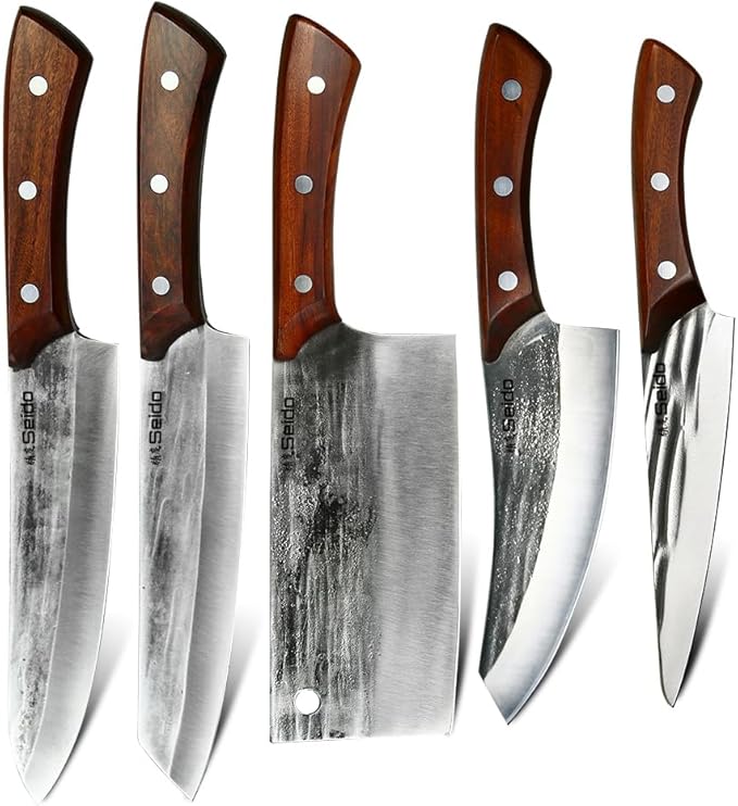 Seido 5-Piece Caveman Butcher Knife Set - Precision Forged High-Carbon Stainless Steel Blades with Black Oxide Finish - Ergonomic Mahogany Handles in Reddish-Brown