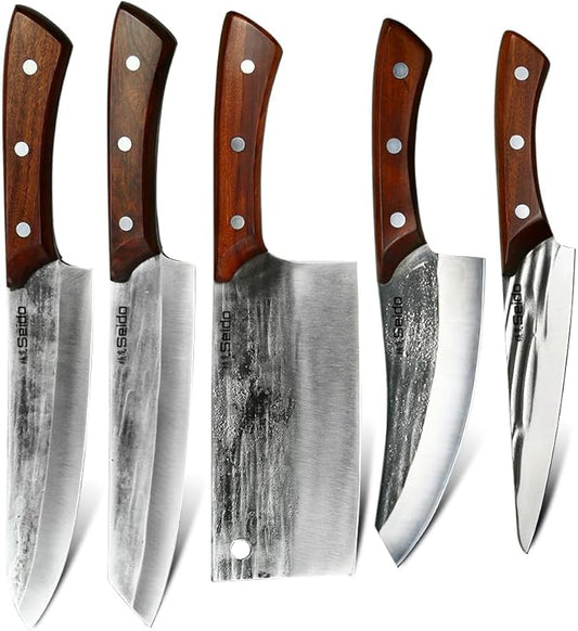 Seido 5-Piece Caveman Butcher Knife Set - Precision Forged High-Carbon Stainless Steel Blades with Black Oxide Finish - Ergonomic Mahogany Handles in Reddish-Brown