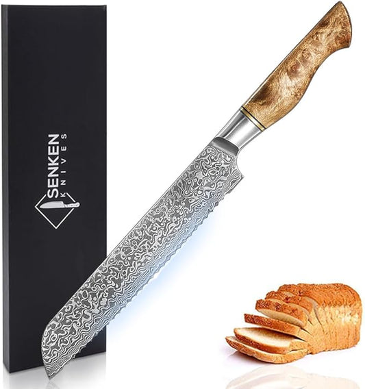 SENKEN 8" Damascus Steel Bread Knife - Dynasty Collection - 67-Layer Japanese VG10 Steel with Sycamore Wood Handle, Razor Sharp Serrated Edge (Damascus Bread Knife)
