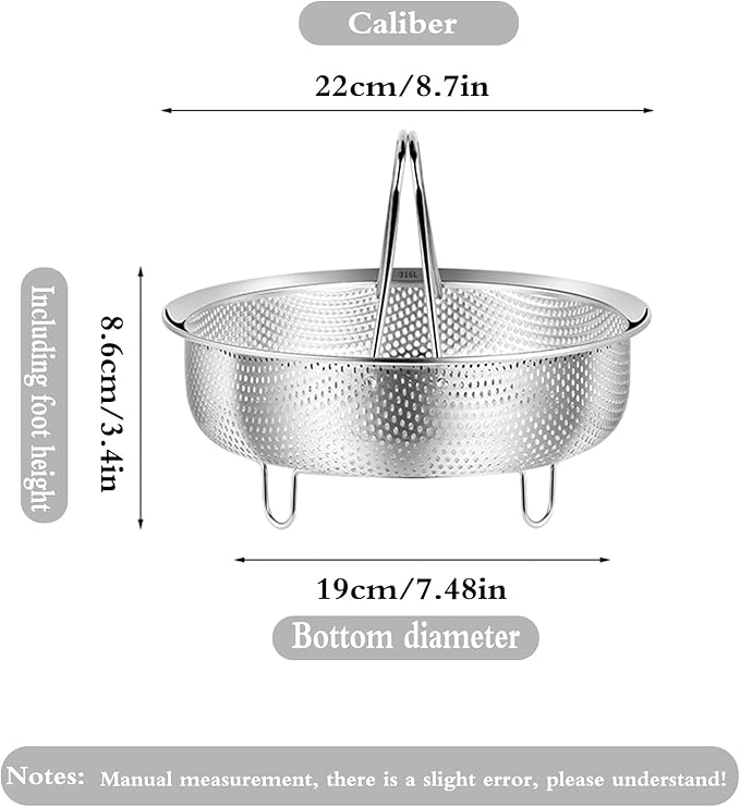 Food Grade Stainless Steel Steamer with Carrying Handle and Three-Legged Stand, Multi-functional Home Steamer and Drainer SUS304 Stainless Steel, Essential for Kitchen Cooking (8.7in)