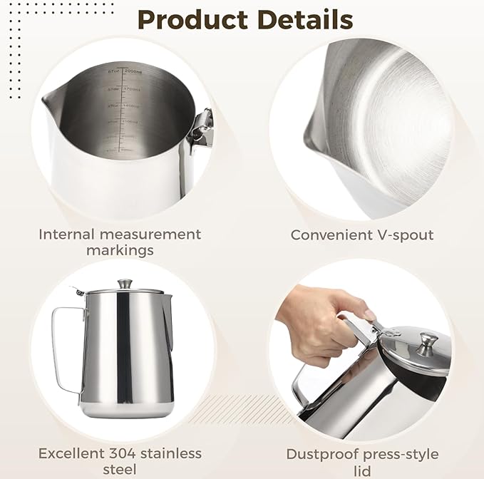Stainless Steel Pitcher with Lid, 67 oz/2000 ml Large Capacity 304 Stainless Steel Water Pitcher with Scales, V Spout Latte Art Pitcher for Espresso Machines, Latte Art, Iced Tea, Hot Water