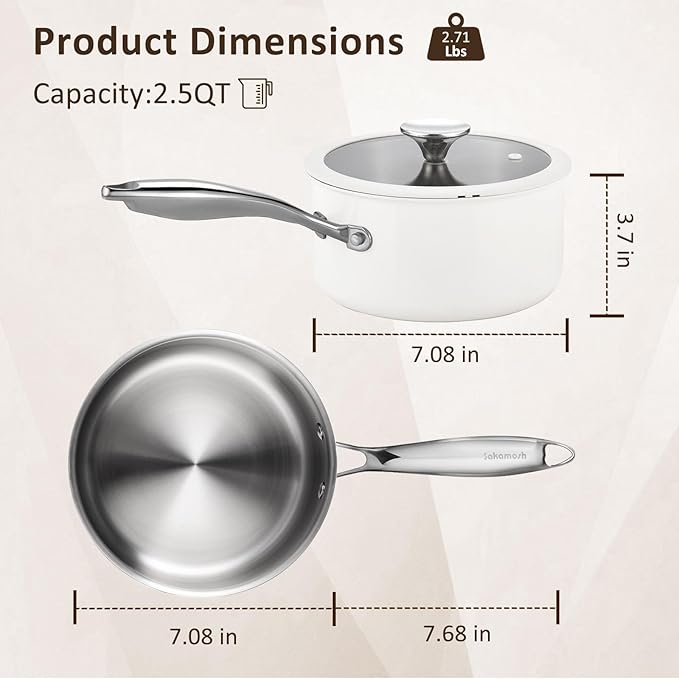 SAKAMOSH 2.5 Quart Tri-ply Stainless Steel Saucepan with Glass Lid, Induction Sauce Pan Compatible with All Cooktops, Non-Toxic Sauce Pot with Stay Cool Handle, Oven & Dishwasher Safe