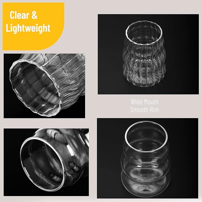 2 PCS Ribbed Glass Cups, 18 Oz Vintage Drinking Glasses, Wavy Design Cute Glass Cups for Iced Coffee, Beverage, Juice, Milk, Bubble Tea, Cocktails