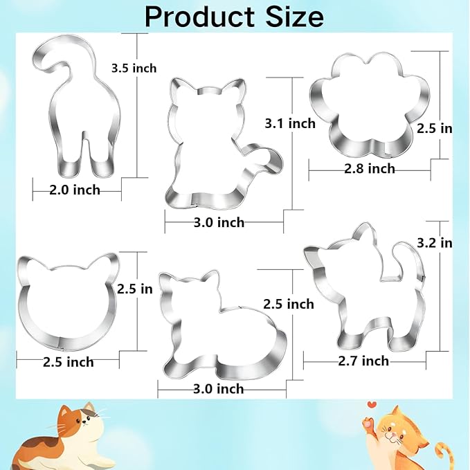 Kitty Cat Cookie Cutter Set-6 Piece-Cat Face, Kitty Butt, Paw and 3 Cute Shapes Molds for Cat Themed Party