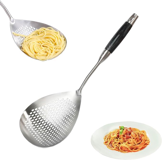 KAYCROWN Skimmer Slotted Spoon, 16.8 Inch 304 Stainless Steel Skimmer Ladle Spoon Spider Strainer for Cooking and Frying, Pasta Strainer Frying Spoon for Kitchen, Black