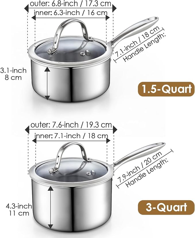 Cooks Standard Stainless Steel Saucepan Set 1.5 and 3 Quart, Multi-Ply Clad Sauce Pot With Glass Lid, Silver