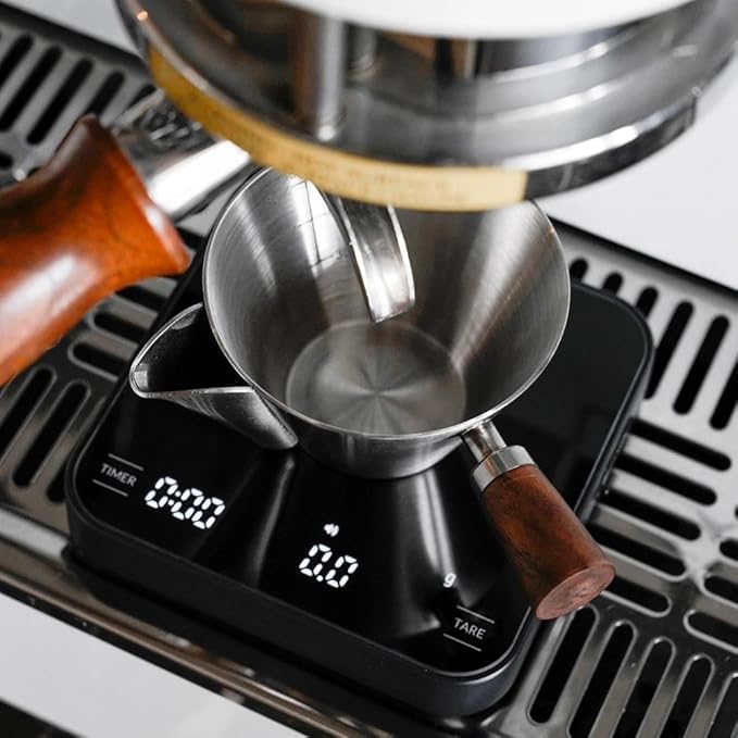 watchget 3.4oz/100ml Crema-Removed Espresso Shot Cup with Wooden Handle Stainless Steel Espresso Measuring Cup Espresso Shot Pitcher with V-Shaped Mouth for Barista Cafe Home
