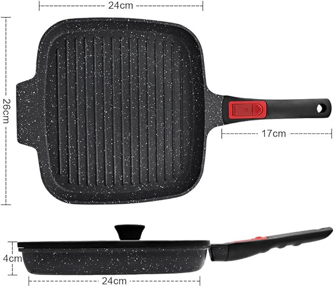 RANX INGST Griddle Pan with Lid, 10 Inch Cast Aluminium Non Stick Grill Pan with Detachable Handle for Induction Hob, Black