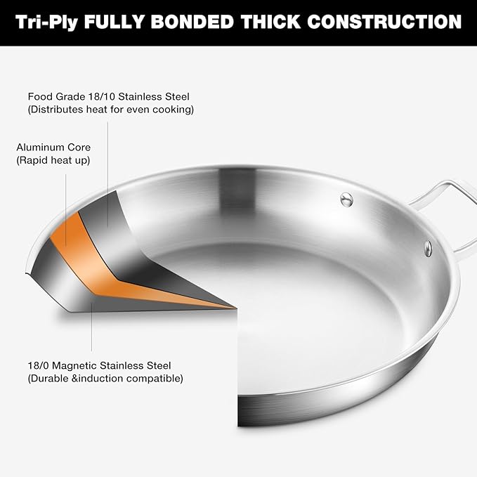 Yeksum Stainless Steel Paella Pan with Lid - 14.5" Tri-Ply 18/10 Deep Paella Pan for 12, PFOA-Free, Fast Heating & Oven Safe 550°F, All Stovetops & Outdoor Skillet