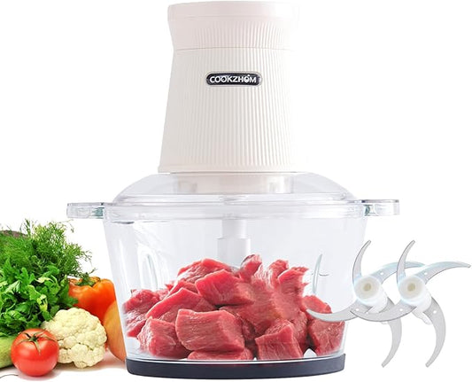 COOKZHOM 500W Food Processor, White Meat Grinder with Glass Bowl 8 Cup, Electric Food Chopper with 2 Sharp Blade Sets for Meat, Fruits, Vegetables, Baby Food, Nuts, 2 Speed