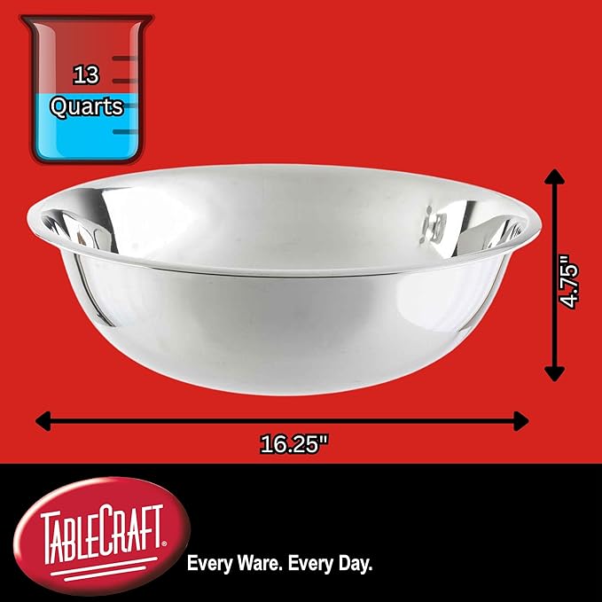 TableCraft 828 Stainless Steel Mixing Bowl, 13 Quart, Lightweight and Durable, Professional Grade for Baking and Prep, Ideal for Kitchens or Bakeries, 16.25" x 16.25" x 4.75, Silver