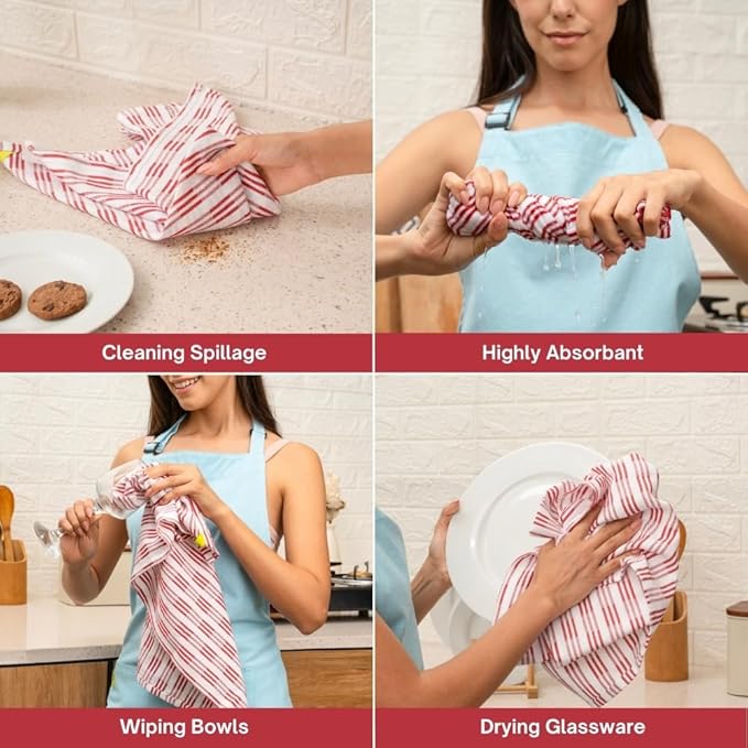 Kitchen Towel Set of 6-100% Cotton Quick-Drying & Absorbent Dish Cloths - 18x28 Inch Farmhouse Tea Towels with Maroon Stripes, Twill Weave