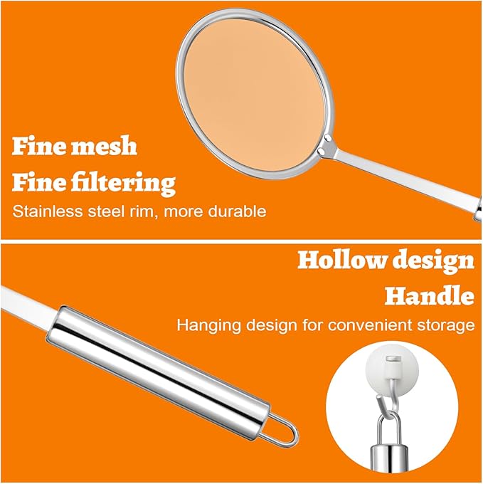 2 Pcs Fat Skimmer Spoon, Stainless Steel Fine Mesh Food Strainer Ladle with Long Handle, Hot Pot Skimmer for Kitchen Cooking Oil Filter Floating Grease Gravy and Foam