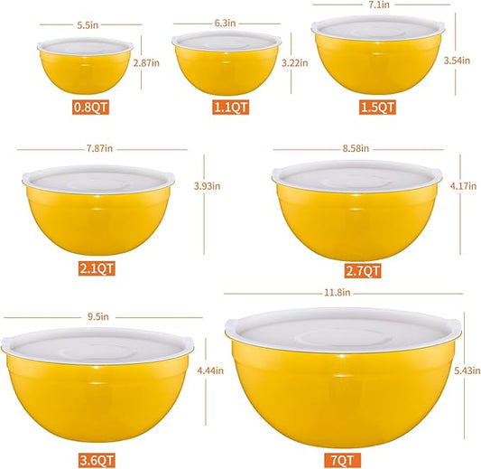 Moxinox Yellow Mixing Bowls with Airtight Lids, Stainless Steel Nesting Mixing Bowls Set of 7, Ideal for Baking, Prepping and Serving Food, Size 7, 3.6, 2.7, 2.1, 1.5, 1.1,0.8 QT, Stackable Design