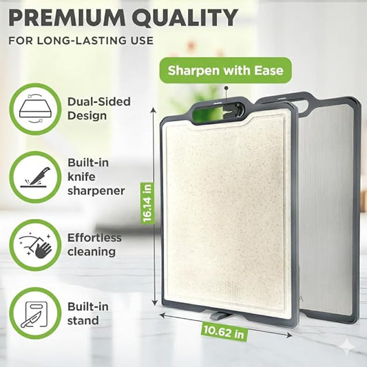 Double-Sided Titanium Cutting Board with Stand, Knife Sharpener, Grater & Storage Bag | Non-Toxic Titanium + Wheatstraw PP Chopping Board | Healthy Kitchen Accessory for Meat, Vegetables & Fruit