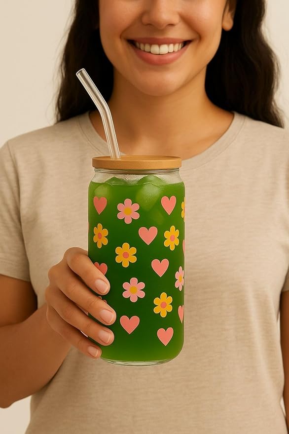 BambooSip (2- pack) Drinking Glasses with Bamboo Lids, straws and cleaning Brush, 160z Glass cups with Lids and straws,Beer, juice, smoothies, iced Coffee Glasses, Soda, Gift, UniqueDaisyDesign.