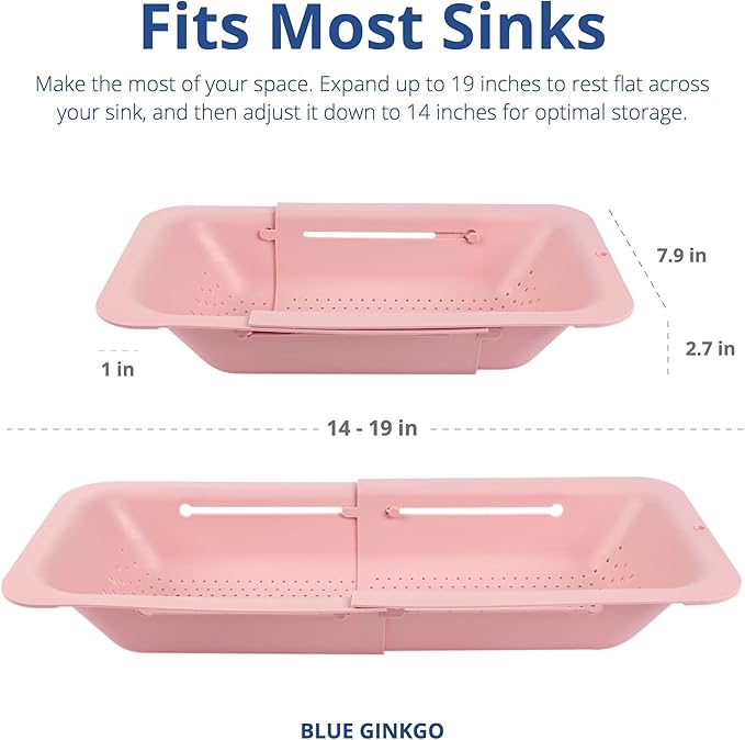 BLUE GINKGO Over the Sink Colander Strainer Basket - Wash Vegetables and Fruits, Drain Cooked Pasta and Dry Dishes - Extendable - New Home Kitchen Essentials (7.9 W x 14.5-19.5 L x 2.75 H) (Pink)