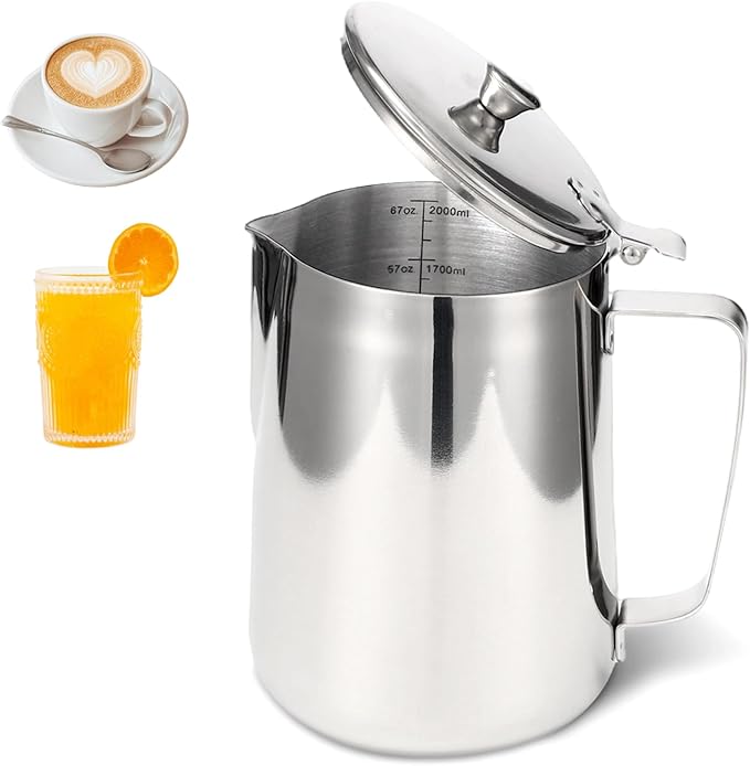 Stainless Steel Pitcher with Lid, 67 oz/2000 ml Large Capacity 304 Stainless Steel Water Pitcher with Scales, V Spout Latte Art Pitcher for Espresso Machines, Latte Art, Iced Tea, Hot Water
