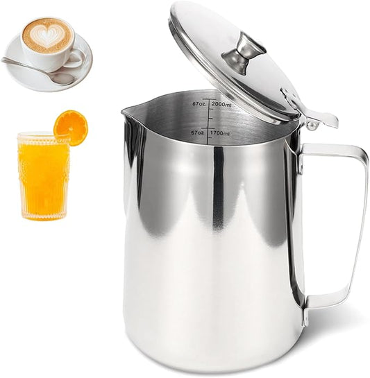 Stainless Steel Pitcher with Lid, 67 oz/2000 ml Large Capacity 304 Stainless Steel Water Pitcher with Scales, V Spout Latte Art Pitcher for Espresso Machines, Latte Art, Iced Tea, Hot Water