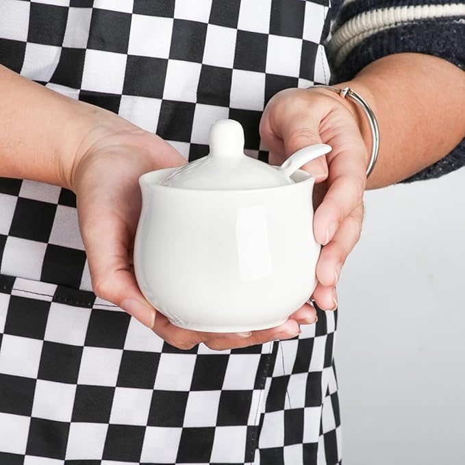 Ceramic Sugar Bowl with Lid and Spoon, Porcelain Salt Storage Jar, White Seasoning Container for Home and Kitchen, 7 Ounces (White)