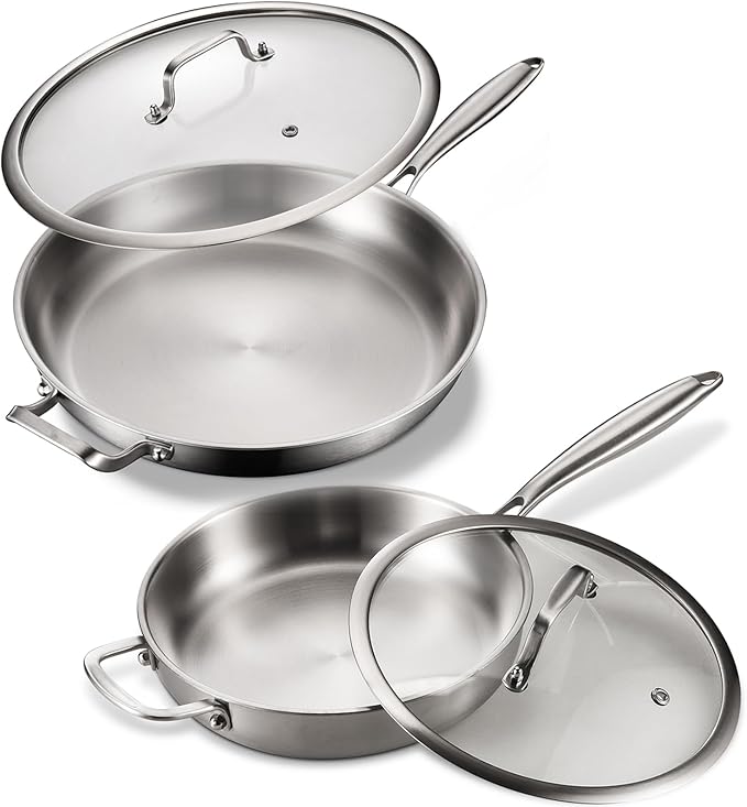 DELARLO Tri-ply Stainless Steel Kitchen Cookware Frying Pan Set with Lid 12" 14" Induction large Skillets Chef's Pan,Pots and Pans Set Kitchen Cookware Set Suitable for All Stove