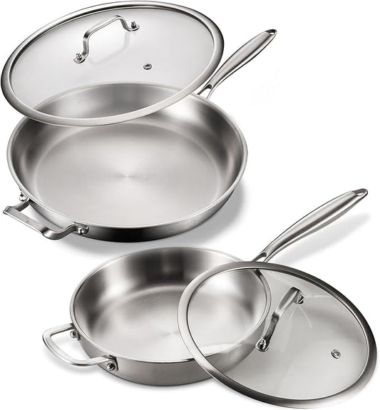 DELARLO Tri-ply Stainless Steel Kitchen Cookware Frying Pan Set with Lid 12" 14" Induction large Skillets Chef's Pan,Pots and Pans Set Kitchen Cookware Set Suitable for All Stove
