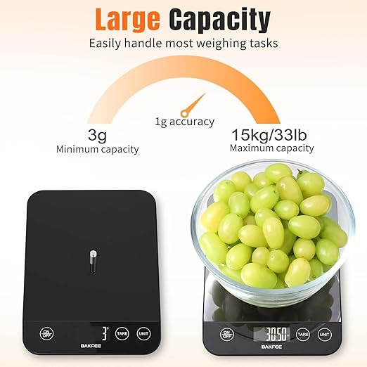 Food Scale, 33lb Rechargeable Kitchen Scale with Tempered Glass, Grams and Ounces, USB Charging, 1g High Accuracy for Baking, Cooking & Food Prep, BK807