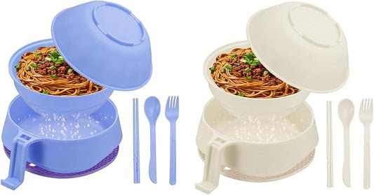 uxcell 2 Sets Microwave Ramen Bowl Set, Wheat Fiber Noodle Bowls Plastic Cooker with Lid Handle Fork Spoon Chopsticks for College Dorm Room Apartment, (Purple/Beige)