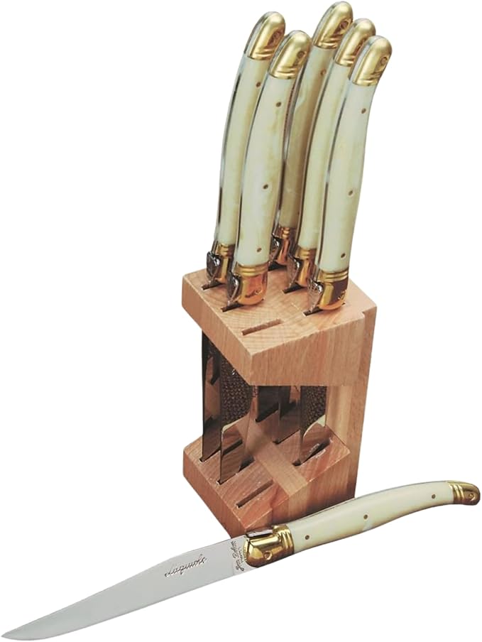 Jean Dubost Laguiole 6-Piece Steak Knife Set, Ivory Handles - 1.2 mm Blades - Rust-Resistant Stainless Steel - Includes Wooden Block - Made in France