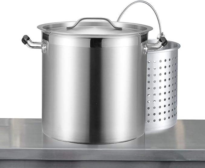 NSF 20 Quart Large Stock Pot with Lid and Basket, 18/8 Stainless Steel, 3-Ply Clad Base, Commercial Cookware for Soup, Stew & Sauce, Dishwasher Safe, 11.8"D x 12.8"W x 11.8"H, Induction Ready