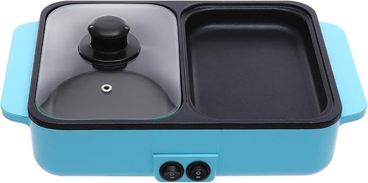 Electric Hot Pot With Grill, 2-in-1Non-Stick Pan For Boiling & Frying with 149°F to 482°F Two Temperature Settings, Electric Hot Pot With Grill for Korean BBQ, Steaks, Shabu Shabu and Noodles (Blue)