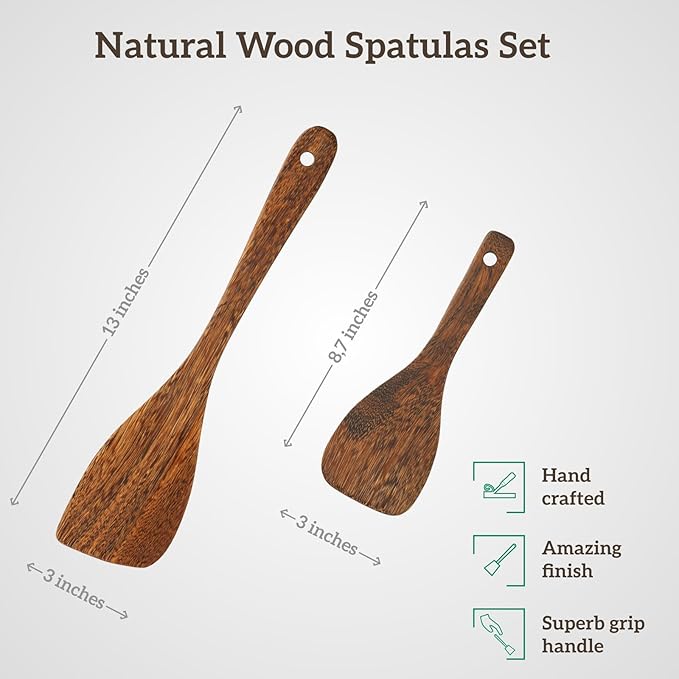 Wooden Cooking Spatula Set (2-Pack), Natural Wenge Wood Spatulas for Non-Stick Pans, Heat-Resistant Kitchen Turners for Frying, Wok & Flipping, Ideal Cookware Utensils for Cooking Eggs, Fish, Pancakes