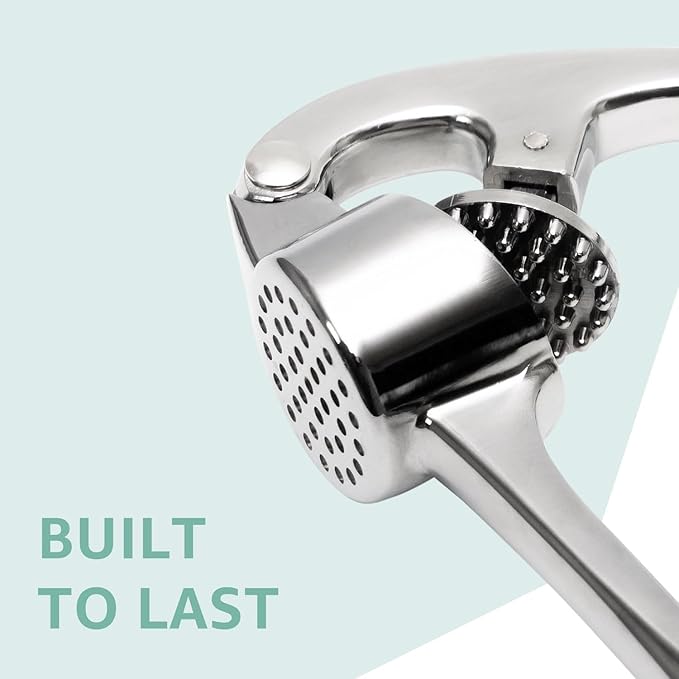 Garlic Press – Heavy Duty Garlic Press Mincer with Ergonomic Handle, Rust-Resistant Zinc Alloy, Dishwasher Safe, Includes Silicone Garlic Peeler & Cleaning Brush (Imperial Silver)