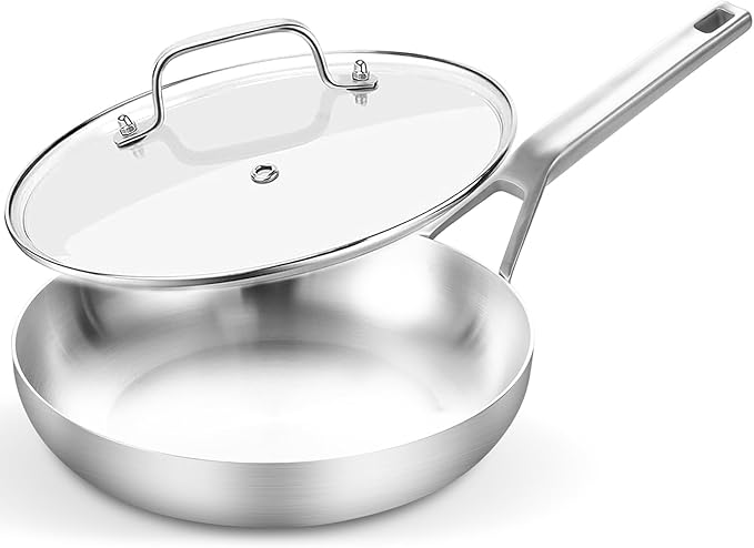 Yeksum Tri-Ply Fully Bonded Stainless Steel Frying Pan, 10",With Tempered Glass Lid, Chef's pan,Skillets,Induction Pan Dishwasher and Oven Safe