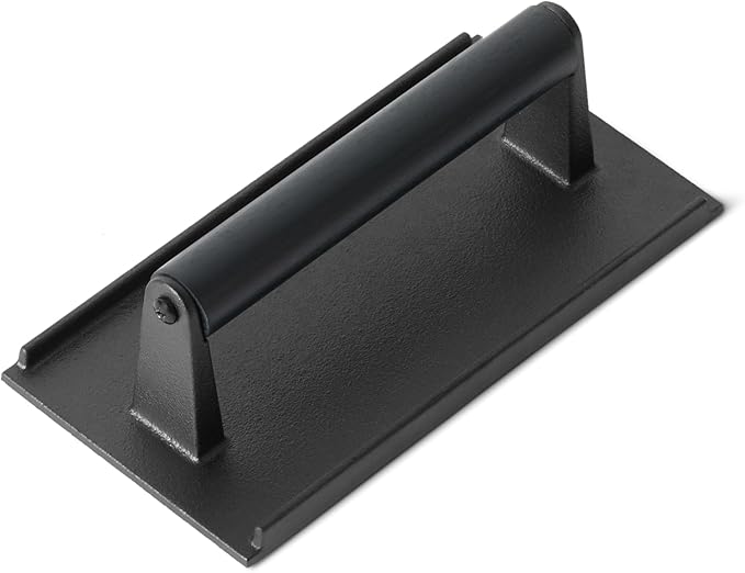 Amazon Basics Cast Iron Burger Press with Wooden Handle, Rectangle, 8.11 x 4.2 x 2.7 inch, Black, 1-Pack